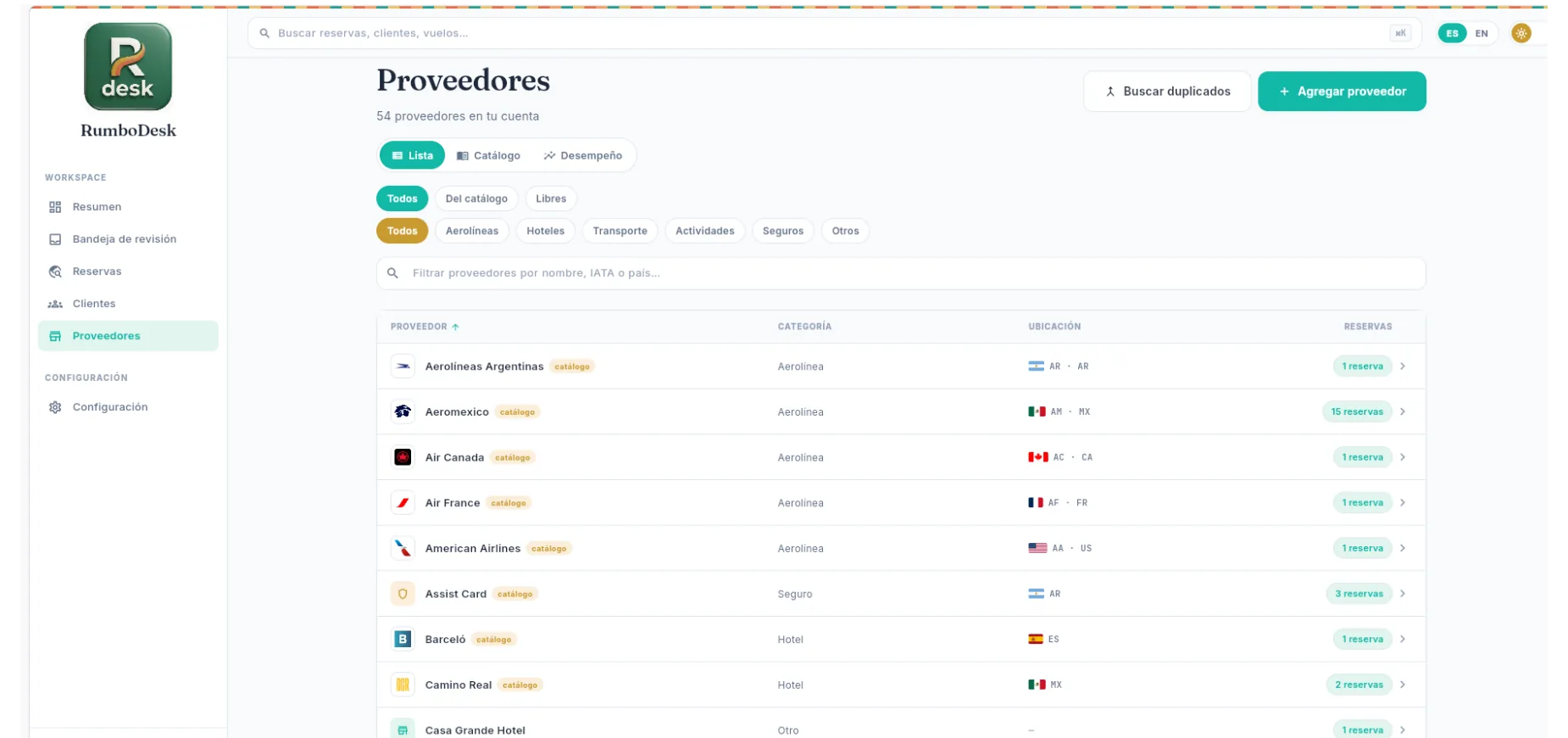 Catálogo de proveedores en RumboDesk con bandera, IATA y categoría