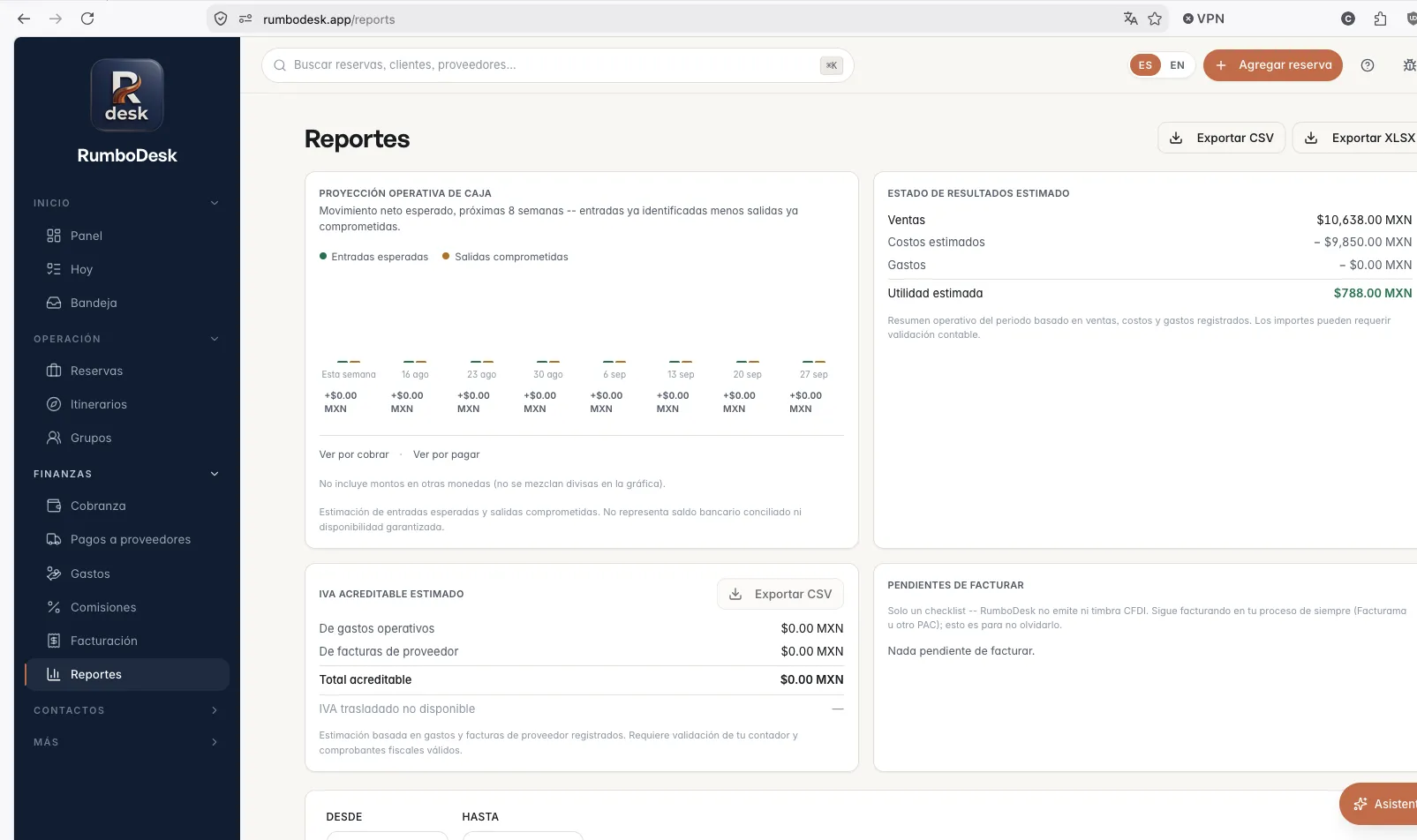 Reportes de RumboDesk: proyección de caja, estado de resultados estimado e IVA acreditable estimado