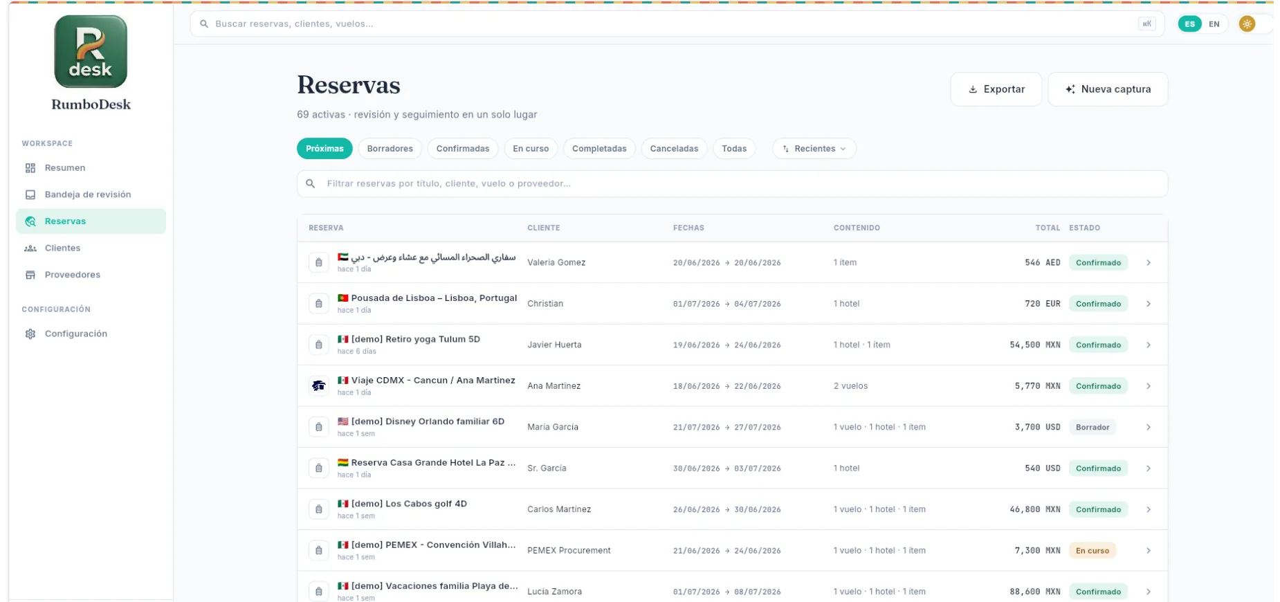 Vista de Reservas en RumboDesk — listado de reservas con estado, cliente, fechas y montos